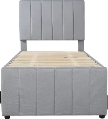 Produktbild von Flieks Polsterbett mit Unterbett, Einzelbett Jugendbett mit Lattenrost und Schubladen, Kinderbett Holzbett Gästebett Tagesbett 90x200/90x190cm, Leinen