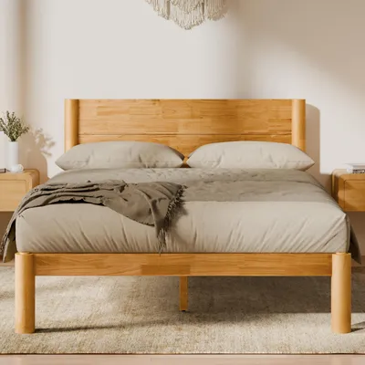 Productafbeelding van FLEXISPOT massief houten bed, 140x200 cm, gemaakt van rubberhout, tweepersoonsbed met hoofdeinde en lattenbodem, Japandi-stijl, geschikt tot 700 kg, constructie met ronde penverbindingen, model Hako G2