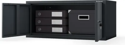 An open metal filing cabinet with binders and a box inside, set against a white background.