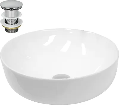 Produktbild von LuxeBath Waschbecken Aufsatzwaschbecken Rund, Ø 40x13,5 cm, Weiß, aus Keramik, inkl. Ablaufgarnitur ohne Überlauf