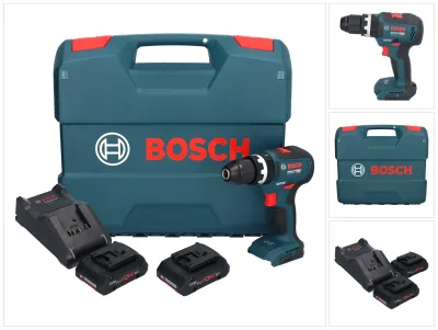 A collage of images showing a Bosch cordless impact drill, its case, batteries, and charger.