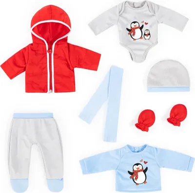 Produktbild von Bayer Design 84200AL Kleiderset für Puppen 38-42cm, 7 Teile, Babypuppen Anziehsachen, rot, blau