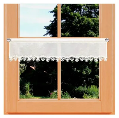 Produktbild von Feenhausgardine Merida aus hochwertiger Vogtländischer Spitze in Natur | Landhaus-Scheibengardine mit traditioneller Blumen-Stickerei | Kurzgardine Höhe x Breite 26 x 93 cm