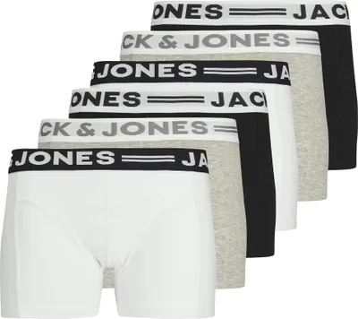 Produktbild von JACK&JONES Jungen Boxershorts, 6er Pack - SENSE TRUNKS, Baumwoll-Stretch, Logobund Schwarz/Weiß/Grau 128