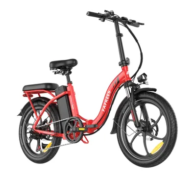 A red electric bicycle is shown against a white background.