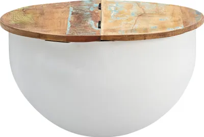 Immagine prodotto di FineBuy Tavolino da salotto in legno di mango bianco 60x34x60 cm, legno massello e metallo, design industriale rotondo, tavolino da salotto con vano portaoggetti, tavolino da salotto moderno