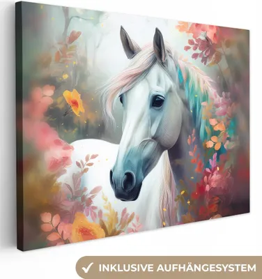 Obrázek produktu pro OneMillionCanvasses® - Obraz na plátně - Kůň - Příroda - Květiny - Zvířata - Les, nástěnná malba, nástěnné dekorace obrazy obývací pokoj, 80x60cm