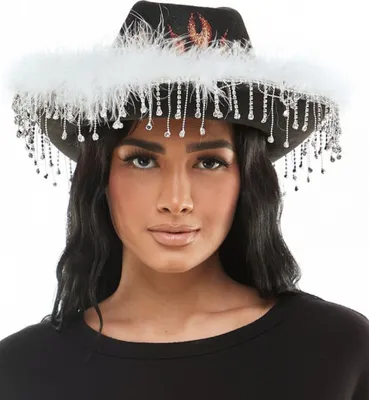 Produktbild von Schwarzer Cowboyhut mit Fransen, Federn und Feuer Motiv als Kostümaccessoire