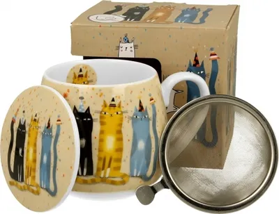 Produktbild von DUO ART GALLERY Fassbecher 430 ml CAT'S WORLD – PARTY mit Teesieb, New Bone China Porzellan