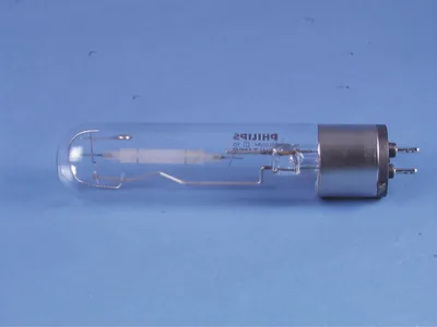A single light bulb on a blue background.
