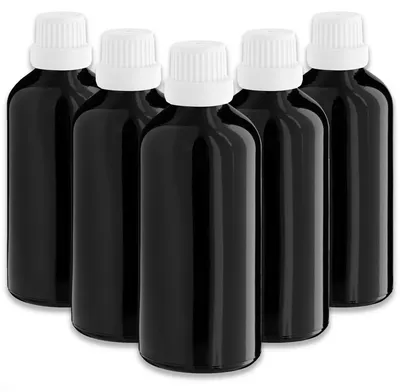 Produktbild von 5x Schwarze Glasflasche 100 ml mit weißem Tropfer leere Tropfflasche