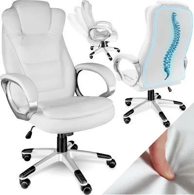 A collage of images showcasing a white ergonomic office chair from different angles, highlighting its features.