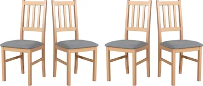 Four wooden dining chairs with gray upholstered seats are arranged in a row against a white background.