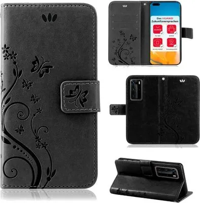 Produktbild von Handytasche für Huawei P40 Pro Blumen Flip Cover Buchhülle mit Magnetverschluss, Schwarz