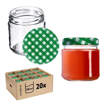 Image de KADAX Pots à conserves avec couvercle "Lerma", Pots à conserves, 200 ml, couvercle avec motif à carreaux vert, 20 pièces