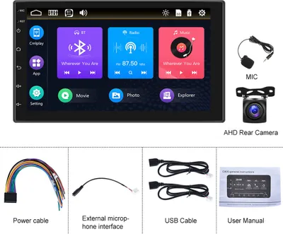 Obrázek produktu pro 7palcové autorádio Carplay s kabelem Carplay MP5 Player Univerzální GPS Bluetooth Dotykové ovládací tlačítko s AHD kamerou