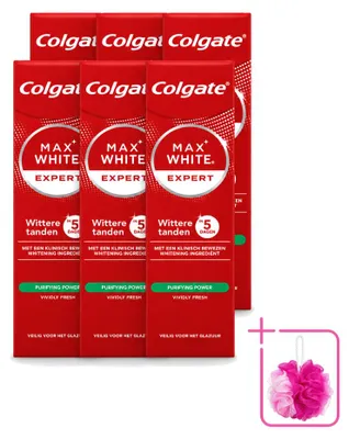 Imagen del producto de 6 tubos de pasta dental Colgate Max White Expert Purifying Power, blanqueadora, de 75 ml. Pack ahorro, 6 unidades