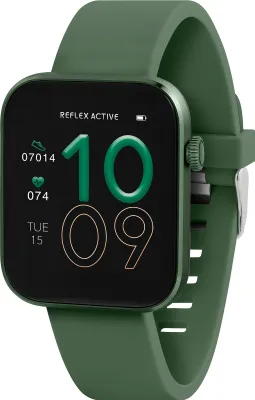 A green Reflex Active smart watch with a black screen displaying the time and fitness data.