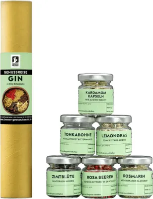 Produktbild von Genussreise Gin Botanicals, Gewürzset mit 6 verschiedenen Gewürzen für selbstgemachte Gin Kreationen, in wiederverwendbaren Gläsern, tolles Geschenk, 65,5g
