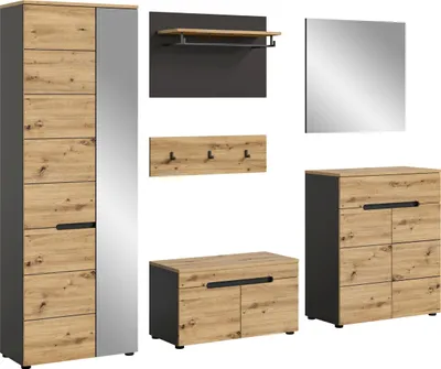 A collection of furniture pieces for an entryway or hallway, including a tall cabinet with a mirror, a wall-mounted shelf with hooks, a shoe bench, and a chest of drawers.