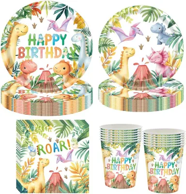 Imagen del producto de Set de cumpleaños infantil con temática de dinosaurios, que incluye platos de papel, vasos, servilletas y decoración de mesa colorida, para 20 invitados
