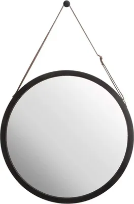 A round mirror with a black frame is hanging from a strap attached to a hook.