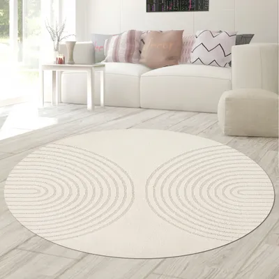 Produktbild von Schlafzimmer Wohnzimmer Teppich mit Hoch- Tiefeffekt und Bogenmuster in Creme Größe - 120 cm Rund