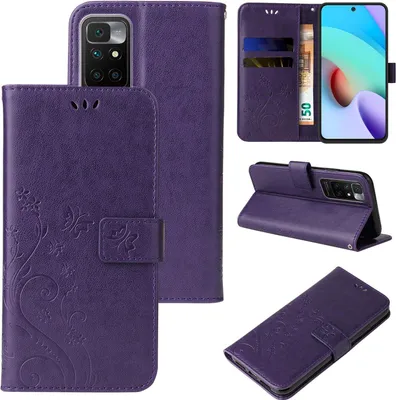 Produktbild von Handyhülle für Xiaomi Redmi 10 Floral Blumen Schmetterling Flip Cover Hülle Case Klapphülle Handytasche Farbe: Violett