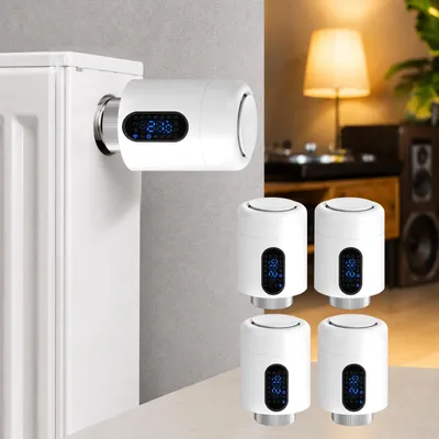 Obrázek produktu pro Eikuavons Chytrý termostat pro radiátory, WiFi, ovládání přes aplikaci, kompatibilní s platformami Smart Life/Tuya, 7 adaptérů, bílý, sada 4 kusů