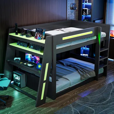 Productafbeelding van Gaming hoogslaper 140x200, hout, met bureau, opbergvakken, USB-poorten, LED-verlichting (zwart)
