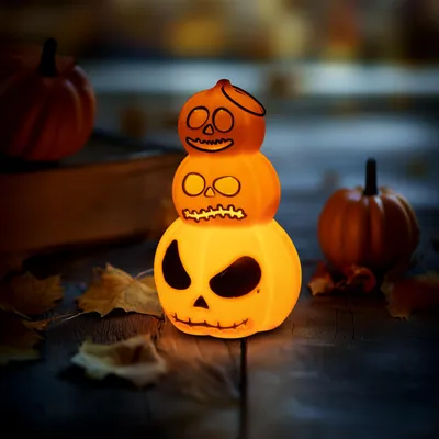 Productafbeelding van Halloween-verlichting - pompoen - warm wit LED-licht - 12 x 7,5 cm - 3 x LR1130 batterijen, AI-gegenereerde afbeelding