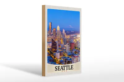 Produktbild von Holzschild Reise 20x30cm Seattle USA Amerika Stadt Abend