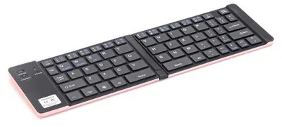A folded wireless keyboard with a rose gold trim is shown against a white background.