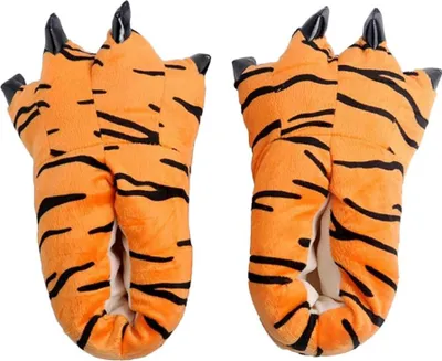 A pair of tiger paw slippers shown from a top-down perspective against a white background.