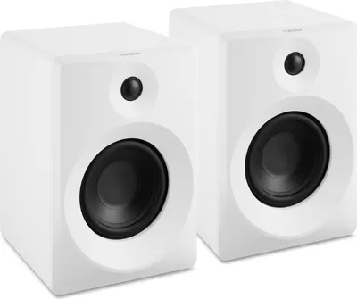 Produktbild von MEDION P61925 Regallautsprecher (aktiv und passiv, Holzgehäuse, 2 Wege System, Bluetooth, integriertem Hochtöner und Subwoofer, Drehregler, optischer Eingang SPDIF, Line In RCA, 2X 50 Watt RMS) weiß
