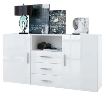 Produktbild von Sideboard Skadu, Kommode mit 2 Türen, 3 Schubladen und 1 offenem Fach, Weiß matt/Weiß Hochglanz (138,5 x 71,5 x 35 cm)