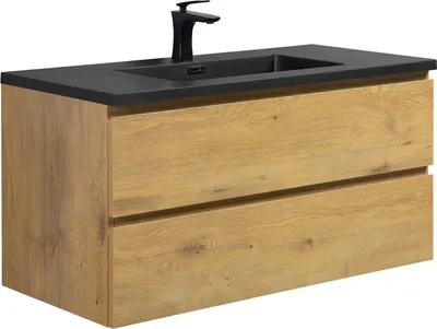 Produktbild von Badplaats Badmöbel Set mit Waschbecken und Unterschrank Angela 100 x 48 cm Eiche - Waschbeckenunterschrank mit Soft-Close und Schwarze Waschbecken, Vorgemontiert
