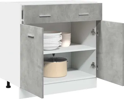 A kitchen cabinet with doors open, showing shelves with dishes and a pot.
