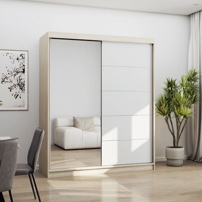 Schwebetürenschrank Kleiderschrank Schrank 160 cm Sonoma Eiche /Weiß mit Spiegel Bono 05