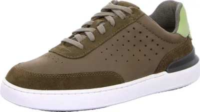 A single brown and green Clarks men's sneaker is shown against a white background.