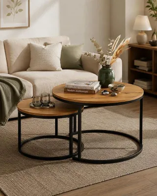 Imagen del producto de Mesa de centro redonda de madera, juego de 2, mesa auxiliar para sofá, 70 cm