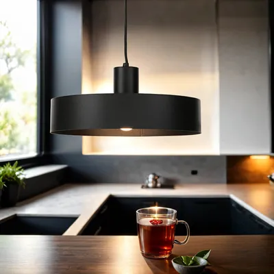 A modern kitchen scene with a black pendant light hanging over a countertop, a mug of tea, and a small bowl of leaves.
