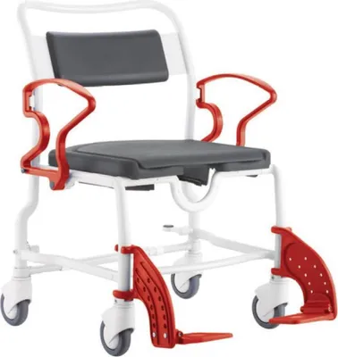 Produktbild von FabaCare Dusch- Toilettenrollstuhl Dallas XXL, bis 200 kg, Germany, Premium Toilettenstuhl, Duschstuhl fahrbar, Rollstuhl mit WC Eimer, Grau-Feuerrot
