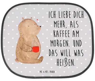 Produktbild von Mr. & Mrs. Panda Sonnenschutz Auto Bär Morgenkaffee - Grau Pastell - Geschenk, für Frauen, Sonnenblende, Freundin, Valentinstag, Seitenscheibe, Fenster, Hochzeitstag
