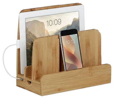 Produktbild von 3 tlg. Schreibtisch Organizer Set Bambus, Karteikasten zum Ausziehen, Ladestation für Smartphones, Briefablage, natur