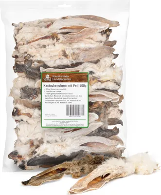 Produktbild von Kaureks Natur Hundeleckerlies, 500g Kaninchenohren mit Fell, Hasenohren