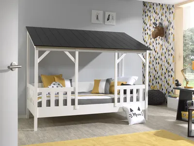 Image de Lit de maison Vipack avec sommier à lattes, surface de couchage 90 x 200 cm, finition blanc partiellement massif, toit en noir