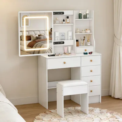 Immagine prodotto di Set da toeletta bianco - Tavolino da trucco moderno - 6 cassetti - MDF - Con sgabello