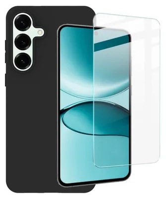 A black phone case and a screen protector are shown next to a smartphone.
