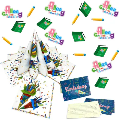 Produktbild von Oblique Unique Schuleinführung Schulanfang Einschulung Deko Set - 20 Servietten + 6 Einladungskarten + Konfetti Set
